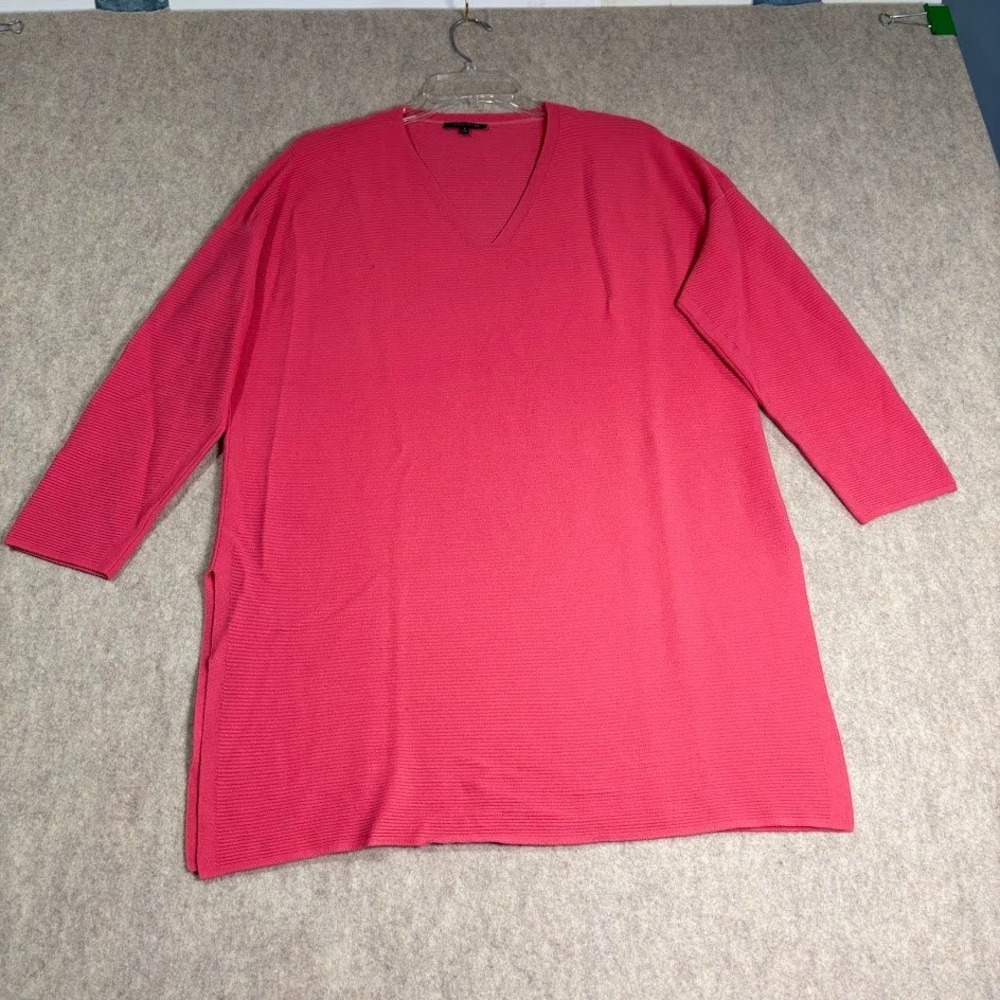 Lafayette 148 Tunic Sweater Womens L Pink Ribbed Knit V-Neck Luxury Chic Boho